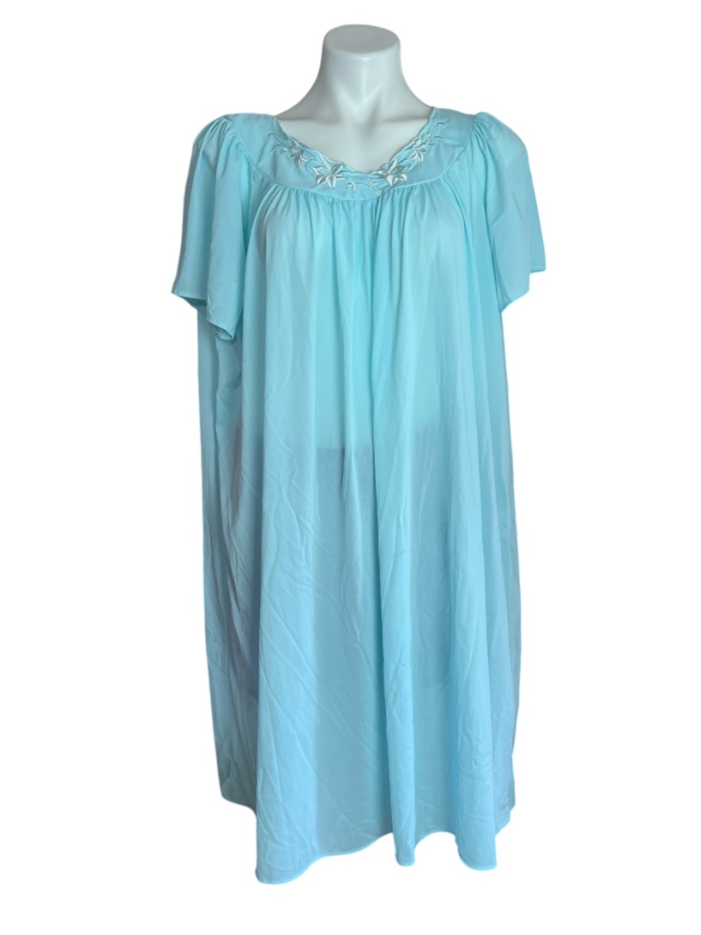 Vintage Miss Elaine Aqua Nylon Nightgown Embroidered Loungwear 2X